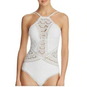 Becca Swim White Boho Crochet Halter One Piece Swimsuit Size  M